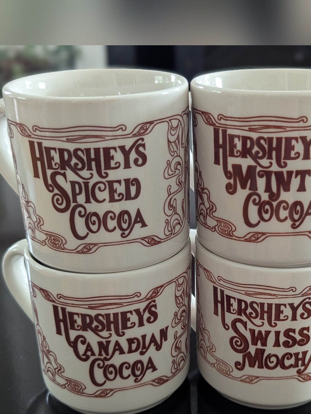 Vtg (4) HERSHEY MUGS CUPS SET w/Hot Cocoa Recipes Mint Swiss Spiced & Canadian